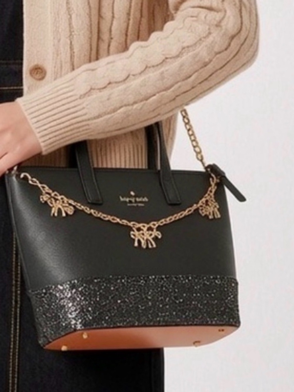 Kate Spade Black Glitter Saffiano Tote with Gold Chain Charm